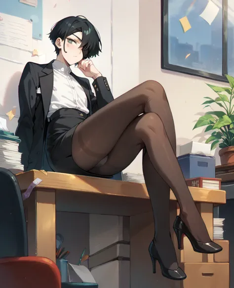 sitting on table in random office. femboy she's in black eyepatch over her right eye, dark pantyhose, black skirt, high heels, b...