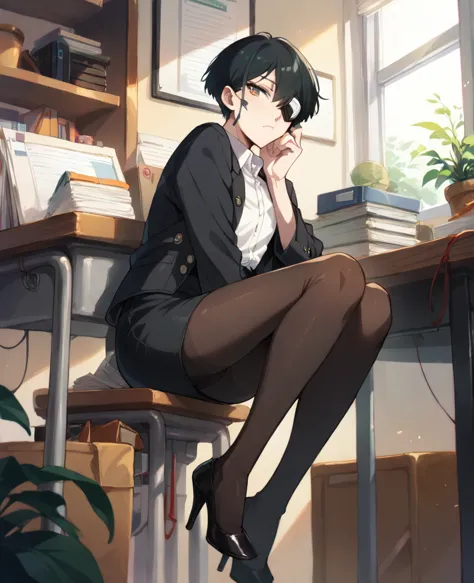 sitting on table in random office. femboy she's in black eyepatch over her right eye, dark pantyhose, black skirt, high heels, b...