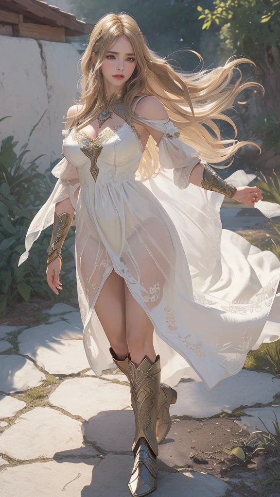 looking back,(fighting pose),(leather boots,(asymmetrical armor),(long embroidered cute dress,see through,lift up the hem of the gold &White dress)),(random hairstyle),(Thin type:1.5),(large breasts),(Highest image quality,(8K), Ultra-realistic, Best Quality, High quality, High Definition, high quality texture, high detailing, long leg,beautful leg, Beautiful detailed, fine detailed, extremely details CG, Detailed texture, realistic representation of face, masterpiece, presence)
