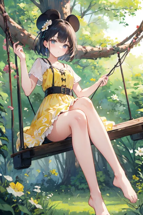 full body picture of a beautiful 25 year-old girl playing on a swing hanging in a  forest tree, wearing flowery short yellow col...