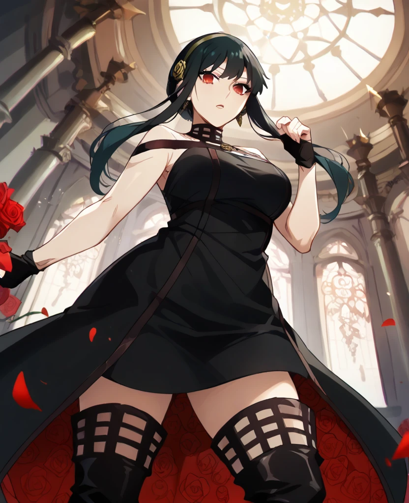 very beautiful, graceful, and fairly tall young woman with a slender, curvaceous frame. She has long, straight, black hair reaching her mid-back with short bangs framing her forehead and upturned red eyes she wear orm-fitting halter-style black dress that shows off her shoulders and chest, with a rose choker and a red rose pattern on the inside of her skirt. The front of the skirt is mid-thigh length, while the back reaches below her knees. She also wears a pair of black thigh-high boots with a rose symbol at the bottom of their sole and black fingerless gloves. The headband she wears is gold colored with a rose and two spikes on each side