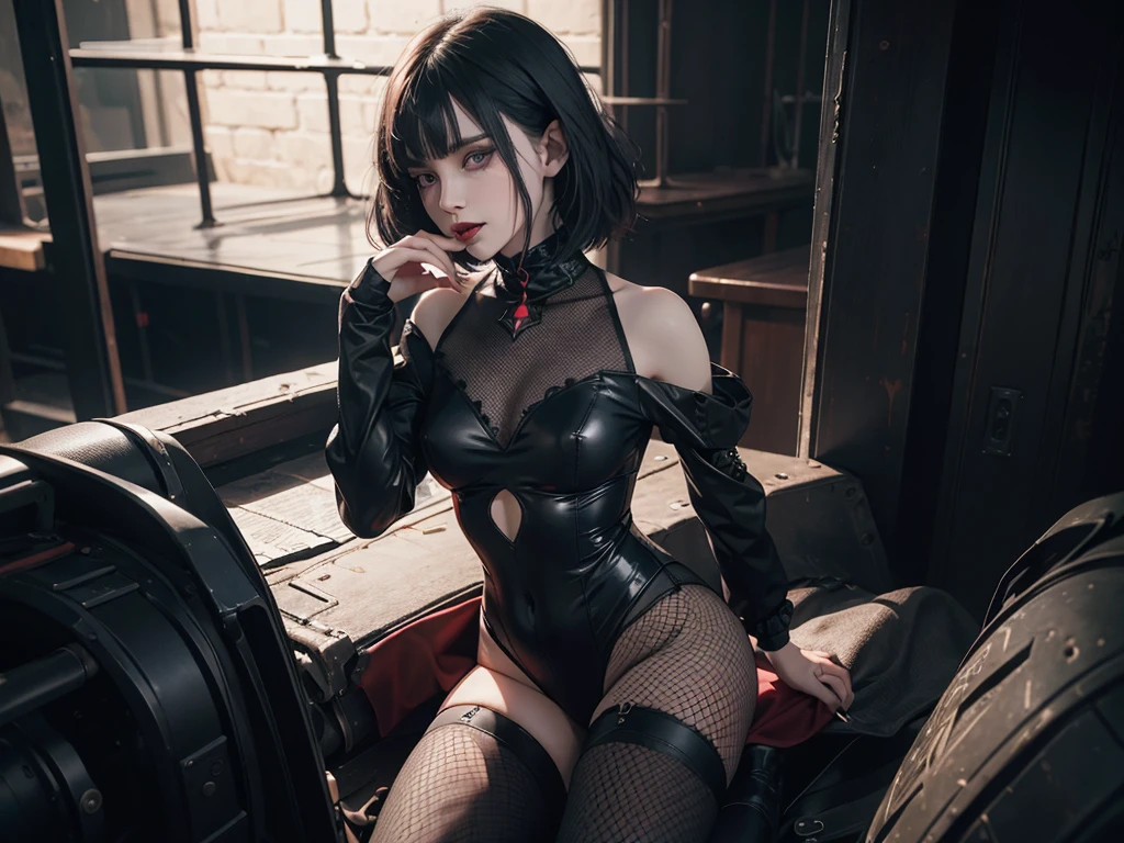 (best quality,highres),(realistic:1.37),dark,goth,woman, eyes,detailed face,black clothes,bobcut black hair,straight bangs,pale skin,red lipstick,intense expression,mysterious atmosphere,gothic background,dim lighting,night,vivid colors, fishnets, topless, fullbody, on her hands and knees, submissive girl, thick thigs, imminent deepthroat, cumshot pose,