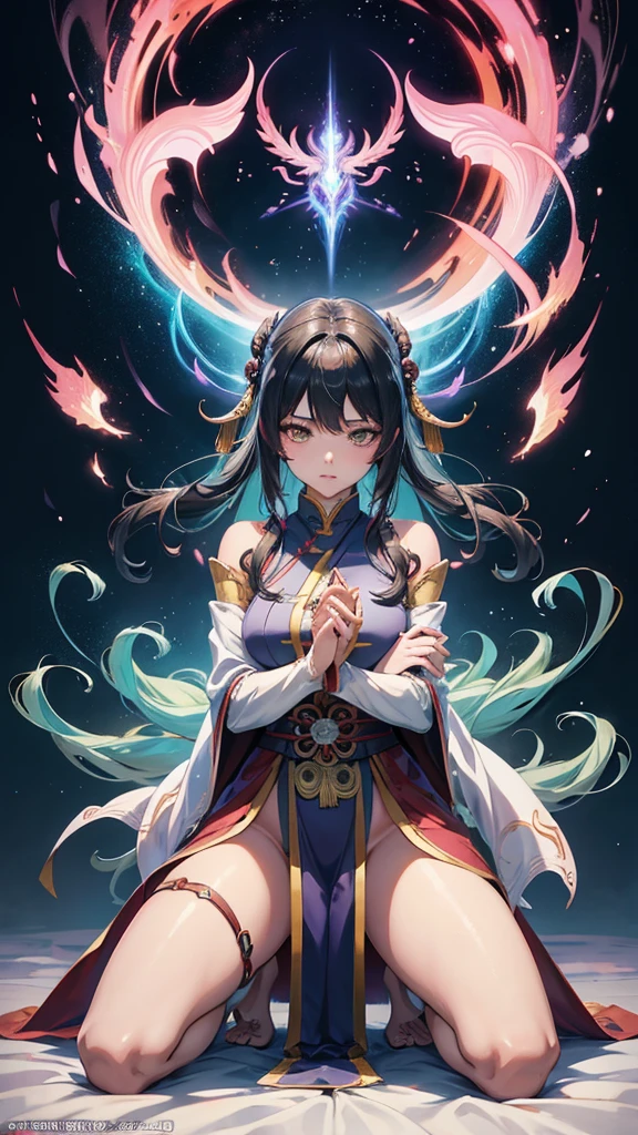 Anime woman kneeling on blanket, concept-art：Hero, Trend of CGsociety, Fantasy art, Guviz-style artwork, Guviz, Smooth anime CG art, Keqing from Genshin Impact, Ruan Jia and Artgerm, full-body xianxia, flowing magical robe