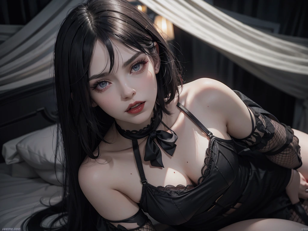 (best quality,highres),(realistic:1.37),dark,goth,woman, eyes,detailed face,black clothes,bobcut black hair,straight bangs,pale skin,red lipstick,intense expression,mysterious atmosphere,gothic background,dim lighting,night,vivid colors, fishnets, topless, fullbody, on her hands and knees, submissive girl, thick thigs, imminent deepthroat, cumshot pose,