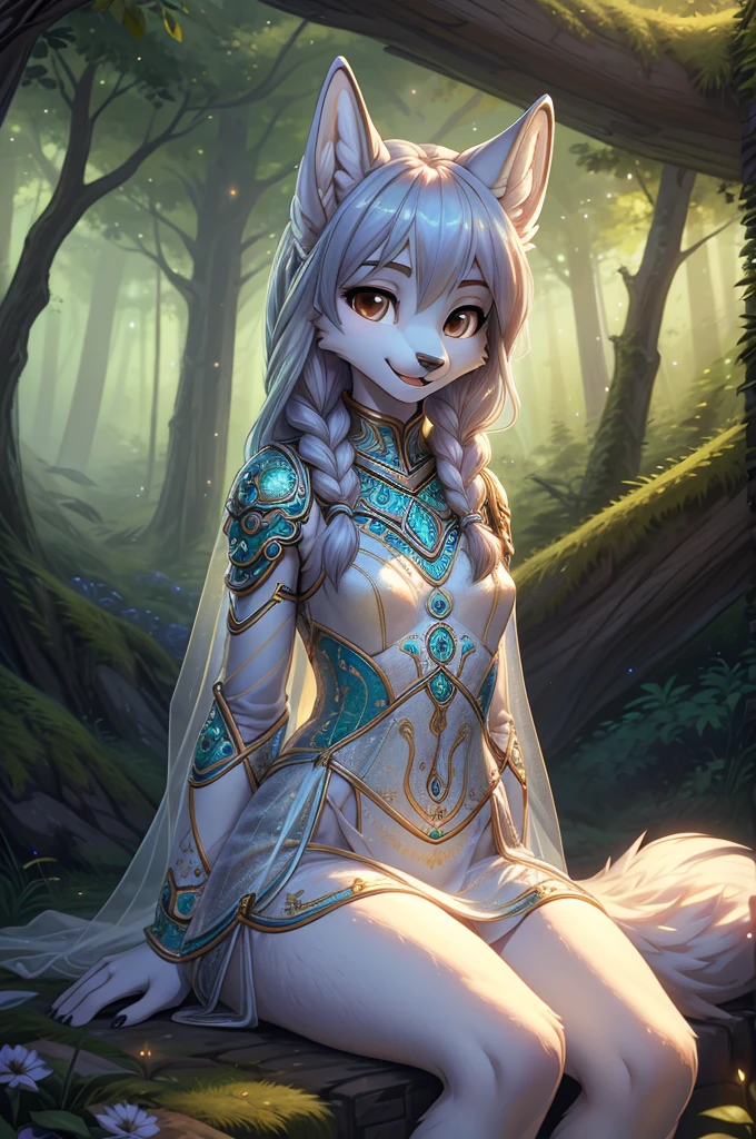 beautiful, (masterpiece), high quality, Highly detailed CG Unity 8k wallpaper, High resolution, perfect lighting, youthful, adolescent, slim, skinny, frail slender figure, slim legs, tall figure, anthropomorphic furry wolf princess, narrow hips, long legs, thick, fluffy, fuzzy, soft, messy volumetric fur, midnight blue and silver fur, shimmering with starlight, deep brown eyes, long flowing silver hair with intricate braids, straight cut bangs, wearing intricate metal armour with turquoise gems, sheer white silk gown fitting to figure between armour plates, detailed embroidery, casual yet regal, dark thick defined eyebrows.

Head slightly tilted back, content smile, inviting and serene expression. Open mouth. Visible breath exhale, cold breath visible. Long fluffy tail. Hands between thin thighs, slim legs spread apart, submissive pose. Detailed beautiful symmetrical face. 

Scene: sitting legs straight on the moss in an enchanted forest, ethereal glow illuminating her slender figure, creating a magical, romantic atmosphere.