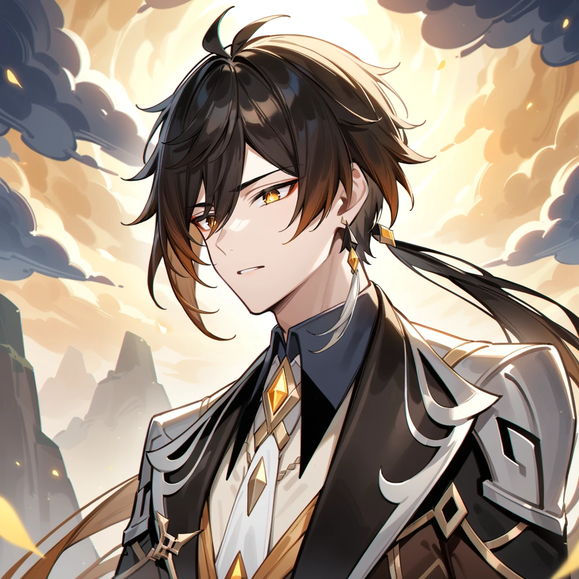 (best quality,4k,8k,highres,masterpiece:1.2),1boy, zhongli_/(archon/)_/(genshin_impact/),male focus,ultra-detailed,realistic,(dsmile:0.5) guweiz, intense gold eyes,mature_male, wide shoulders, narrow eyes, full body, by aoi nanase, cel shading, fantasy china background, liyue, mountains, gold tattoos, melancholy, osmanthus flowers,male focus,solo,long hair,bangs,jewelry,earrings,ponytail,contemplative, thoughtful, calm, serene, red eyeliner, ultra-detailed eyes, volumetric lighting, sunset, golden illumination, wise and kind god,cinematic lighting, ray tracing, UHD, high details, high quality, award winning, super detail,vivid fantasy painting