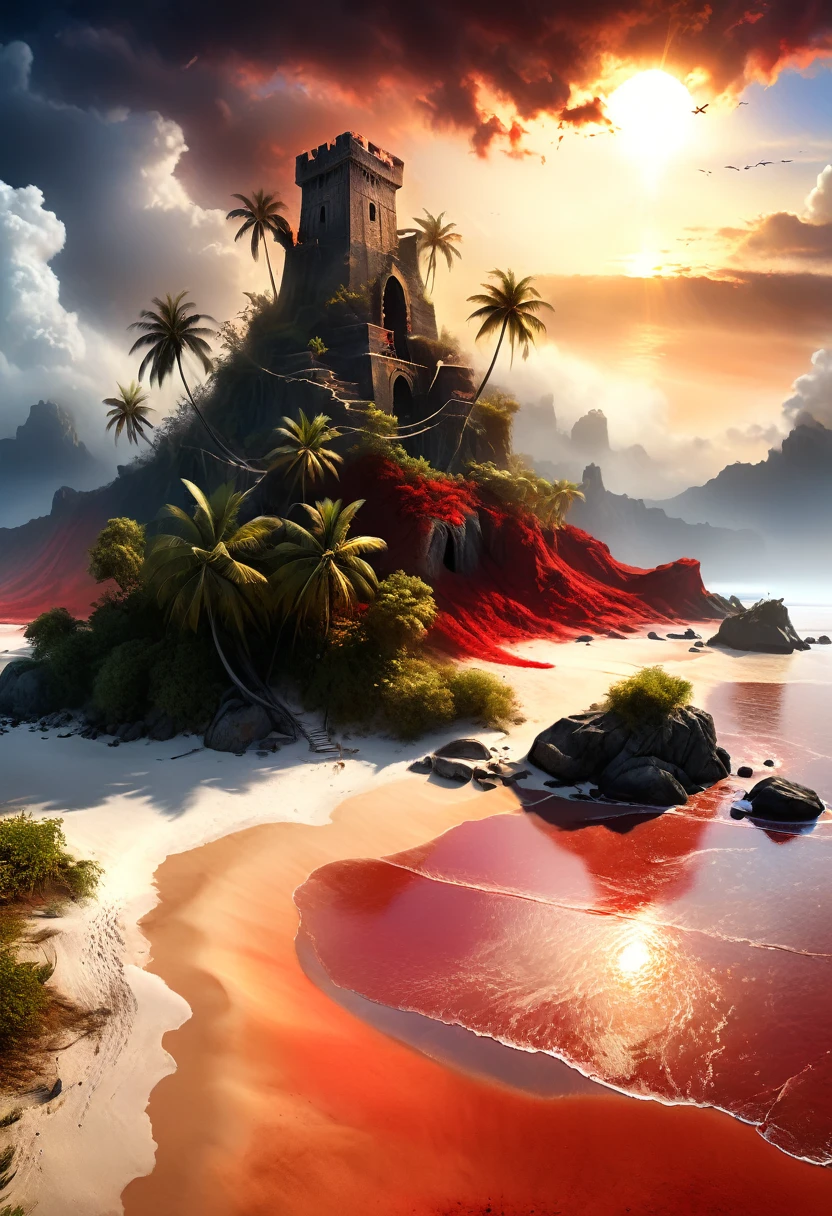 Arafed, an award winning digital painting, National Geographic digital painting of an (island: 1.3) of mystery, an island of enigma, an island of secrecy, there some palm trees, white and red sand, some mist surrounds the island, it is the time between the night an day, the sun is in the horizon and some stars are still in the sky, the ruins of ancient tower are visible, veins crawling on it, dynamic angle, Ultra-high resolution, High Contrast, (masterpiece:1.5), highest quality, Best aesthetics), 16K fantasy art, best details, best quality, highres, ultra wide angle, 16k, [ultra detailed], masterpiece, best quality, (extremely detailed), ladyshadowת digital painting