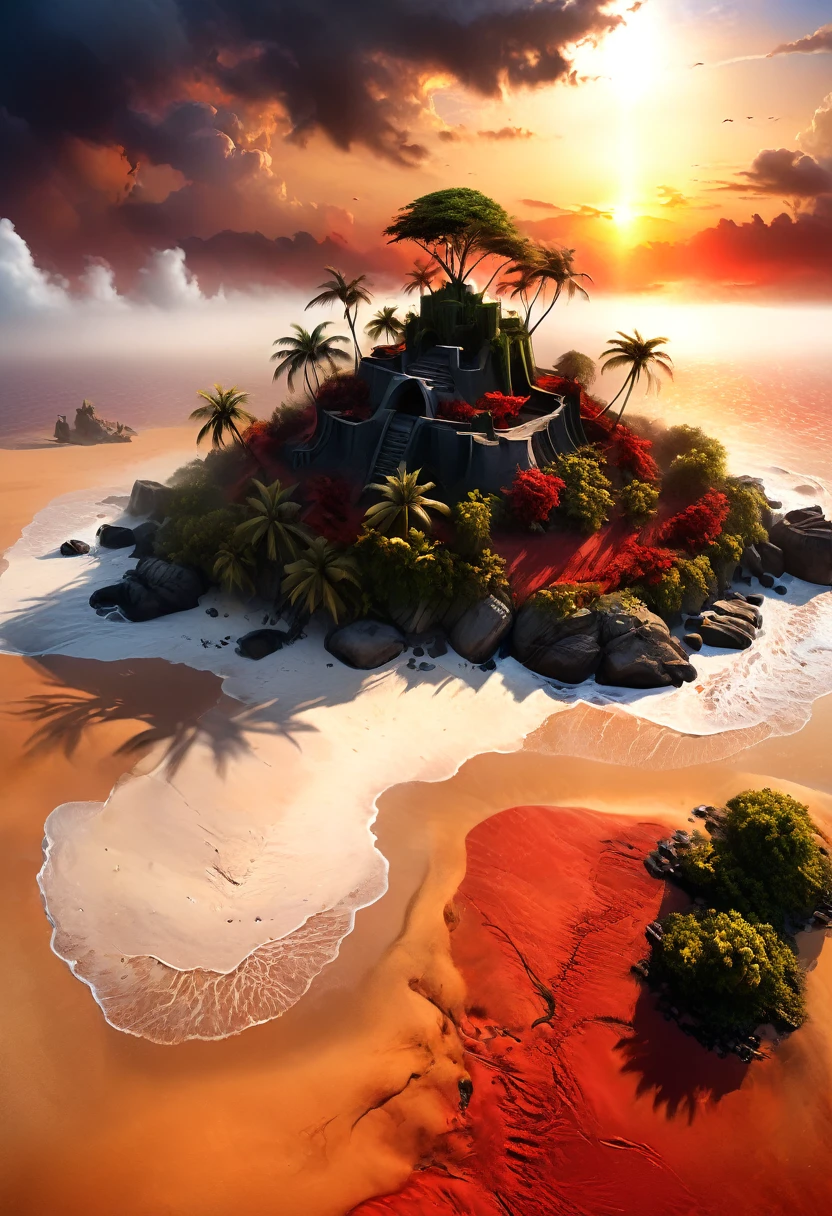 Arafed, an award winning digital painting, National Geographic digital painting of an (island: 1.3) of mystery, an island of enigma, an island of secrecy, there some palm trees, white and red sand, some mist surrounds the island, it is the time between the night an day, the sun is in the horizon and some stars are still in the sky, the ruins of ancient tower are visible, veins crawling on it, dynamic angle, Ultra-high resolution, High Contrast, (masterpiece:1.5), highest quality, Best aesthetics), 16K fantasy art, best details, best quality, highres, ultra wide angle, 16k, [ultra detailed], masterpiece, best quality, (extremely detailed), ladyshadowת digital painting