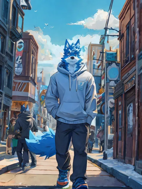 Muscular body, Dark black fur, Standing on the street, Snack Street Background,head tilted to one side,Beautiful blue sky and wh...