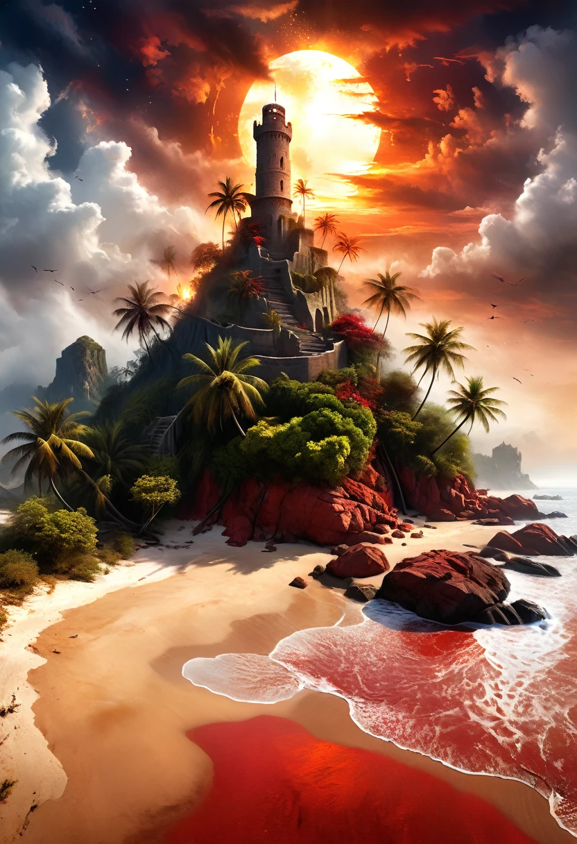 Arafed, an award winning digital painting, National Geographic digital painting of an (island: 1.3) of mystery, an island of enigma, an island of secrecy, there some palm trees, white and red sand, some mist surrounds the island, it is the time between the night an day, the sun is in the horizon and some stars are still in the sky, the ruins of ancient tower are visible, veins crawling on it, dynamic angle, Ultra-high resolution, High Contrast, (masterpiece:1.5), highest quality, Best aesthetics), 16K fantasy art, best details, best quality, highres, ultra wide angle, 16k, [ultra detailed], masterpiece, best quality, (extremely detailed), ladyshadowת digital painting