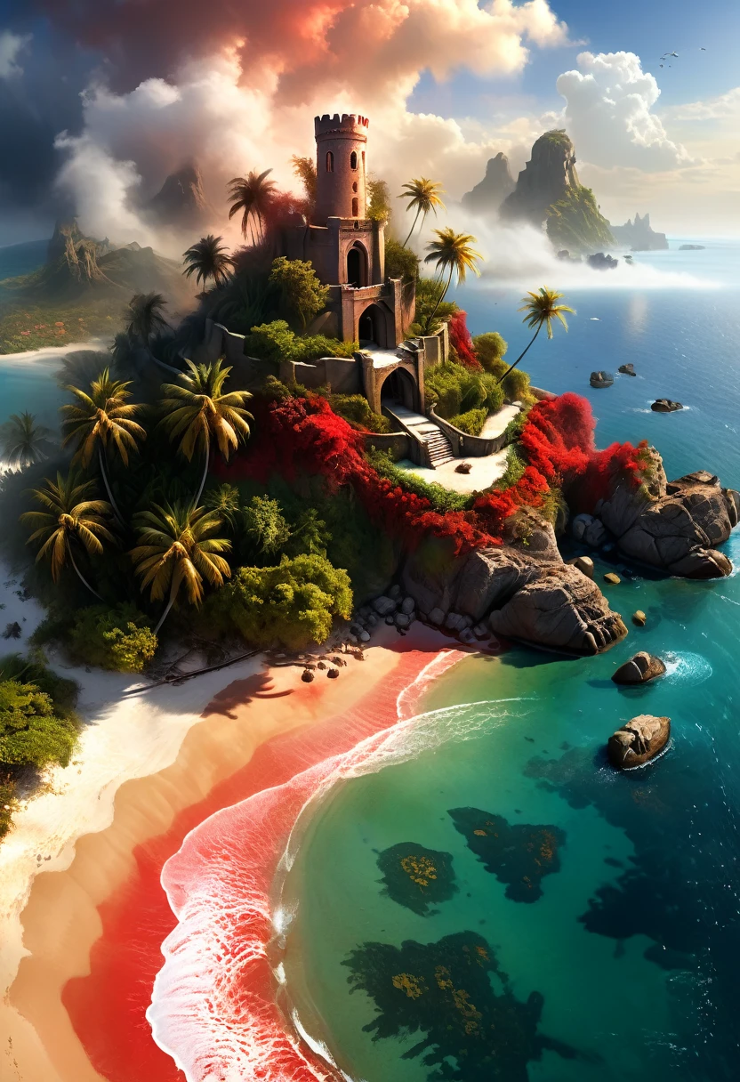 Arafed, an award winning digital painting, National Geographic digital painting of an (island: 1.3) of mystery, an island of enigma, an island of secrecy, there some palm trees, white and red sand, some mist surrounds the island, it is the time between the night an day, the sun is in the horizon and some stars are still in the sky, the ruins of ancient tower are visible, veins crawling on it, dynamic angle, Ultra-high resolution, High Contrast, (masterpiece:1.5), highest quality, Best aesthetics), 16K fantasy art, best details, best quality, highres, ultra wide angle, 16k, [ultra detailed], masterpiece, best quality, (extremely detailed), ladyshadowת digital painting