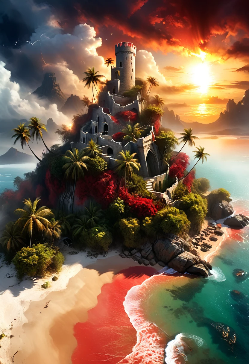 Arafed, an award winning digital painting, National Geographic digital painting of an (island: 1.3) of mystery, an island of enigma, an island of secrecy, there some palm trees, white and red sand, some mist surrounds the island, it is the time between the night an day, the sun is in the horizon and some stars are still in the sky, the ruins of ancient tower are visible, veins crawling on it, dynamic angle, Ultra-high resolution, High Contrast, (masterpiece:1.5), highest quality, Best aesthetics), 16K fantasy art, best details, best quality, highres, ultra wide angle, 16k, [ultra detailed], masterpiece, best quality, (extremely detailed), ladyshadowת digital painting