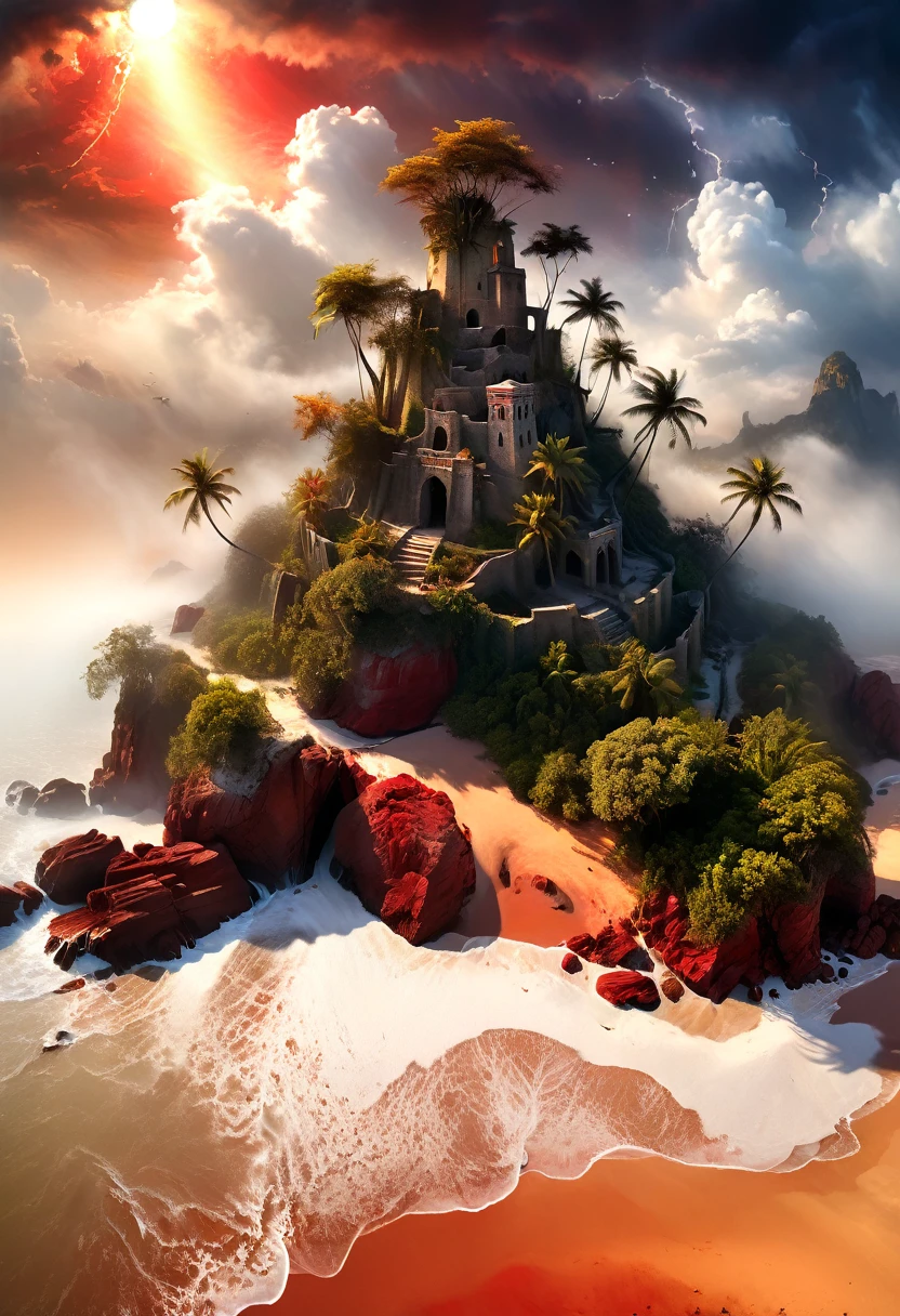 Arafed, an award winning digital painting, National Geographic digital painting of an (island: 1.3) of mystery, an island of enigma, an island of secrecy, there some palm trees, white and red sand, some mist surrounds the island, it is the time between the night an day, the sun is in the horizon and some stars are still in the sky, the ruins of ancient tower are visible, veins crawling on it, dynamic angle, Ultra-high resolution, High Contrast, (masterpiece:1.5), highest quality, Best aesthetics), 16K fantasy art, best details, best quality, highres, ultra wide angle, 16k, [ultra detailed], masterpiece, best quality, (extremely detailed), ladyshadowת digital painting