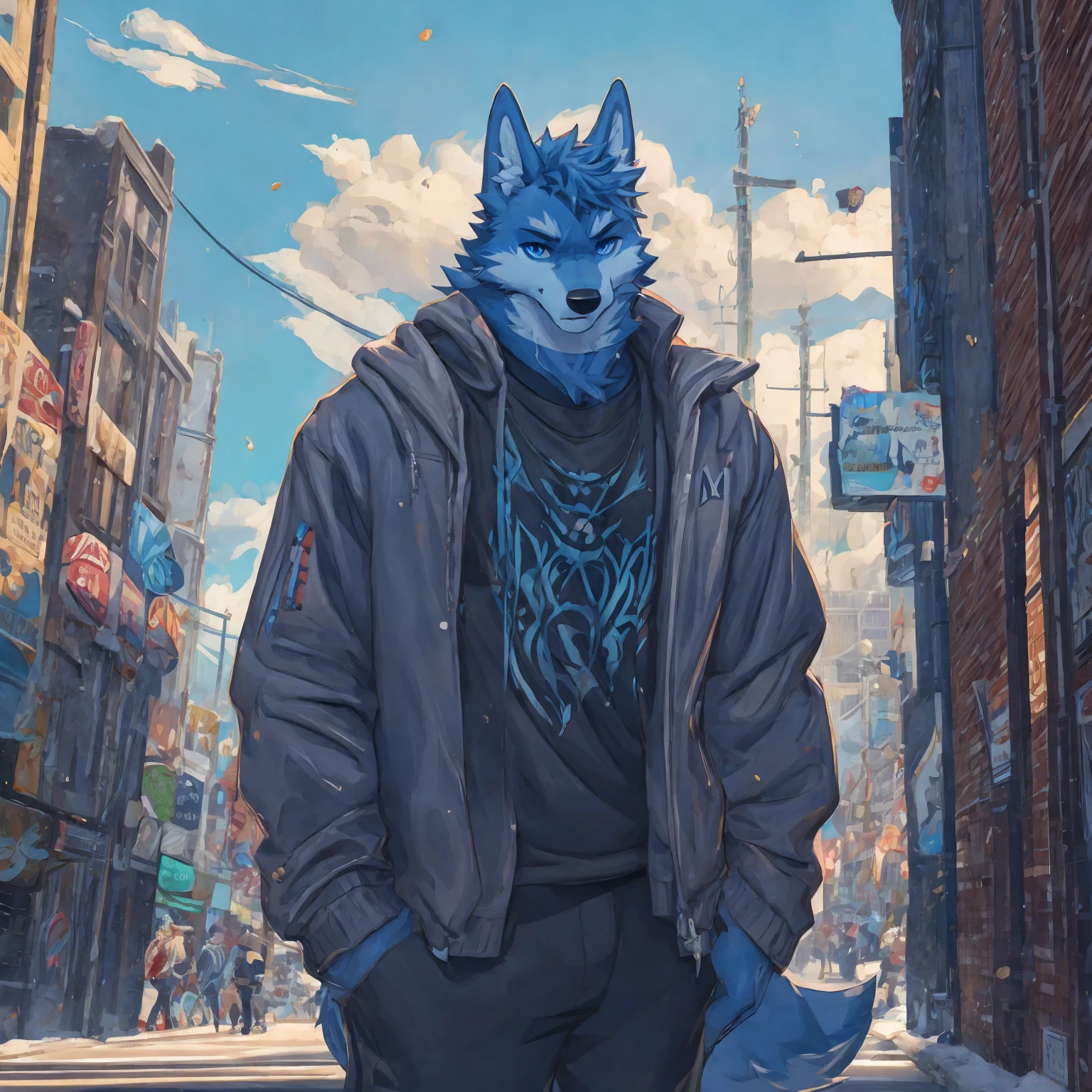 Muscular body, Dark black fur, Standing on the street, Snack Street Background,head tilted to one side,Beautiful blue sky and white clouds，People coming and going , Wearing a gray sweatshirt, Wolf furry character