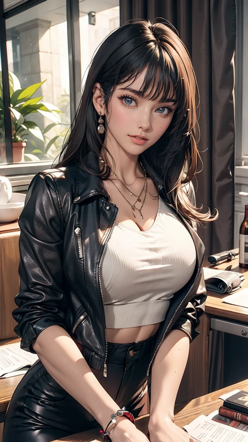 mouth, One girl, alone, In a messy room, guitar, 、Spiked Collar、24 year old Caucasian female、Sexy proportions、Punk rock fashion、Black Shirt、Leather jacket、Leather leggings、Flashy makeup、long hair、rosary necklace、rosary earrings、Put a spiked bracelet on your wrist