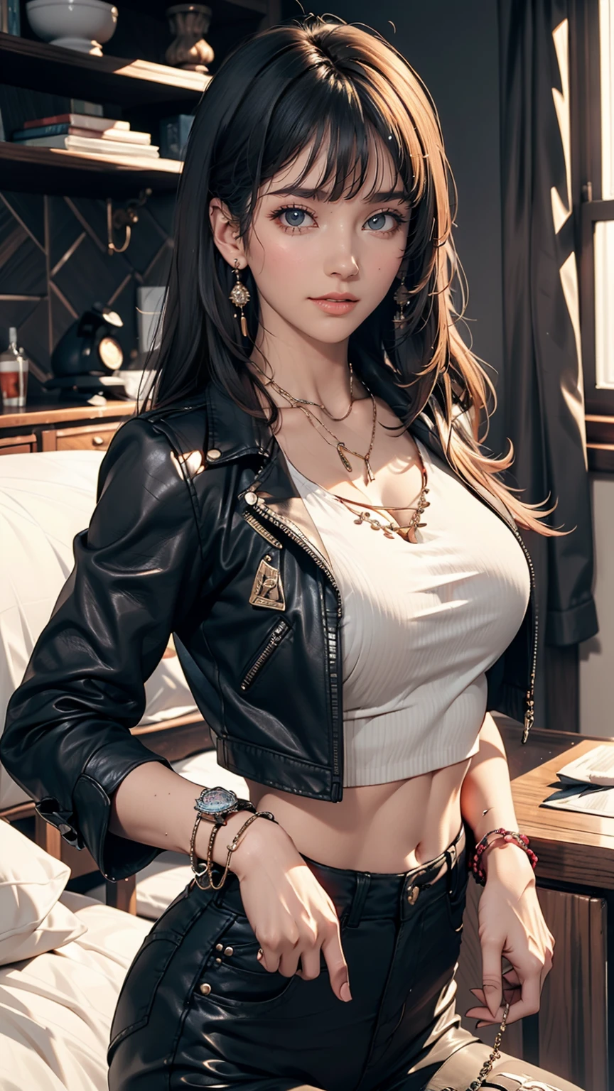 mouth, One girl, alone, In a messy room, guitar, 、Spiked Collar、24 year old Caucasian female、Sexy proportions、Punk rock fashion、Black Shirt、Leather jacket、Leather leggings、Flashy makeup、long hair、rosary necklace、rosary earrings、Put a spiked bracelet on your wrist