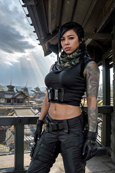 (masterpiece, best quality:1.2),  mara (call of duty), 1girl, solo, black hair, gloves, scarf, tattoo, military, breasts, holste...