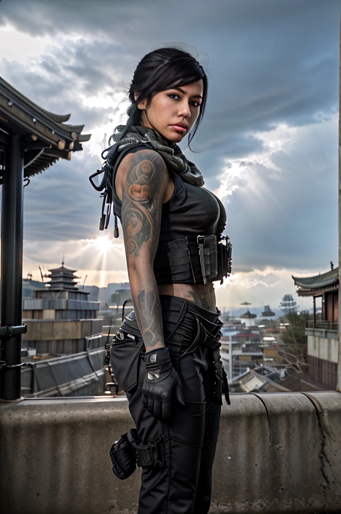 (masterpiece, best quality:1.2),  mara (call of duty), 1girl, solo, black hair, gloves, scarf, tattoo, military, breasts, holster, pants, load bearing vest, umbrella, cloud, sky, sunlight, light rays, architecture, outdoors, sunbeam, cloudy sky, east asian architecture, day, blurry, scenery, torii