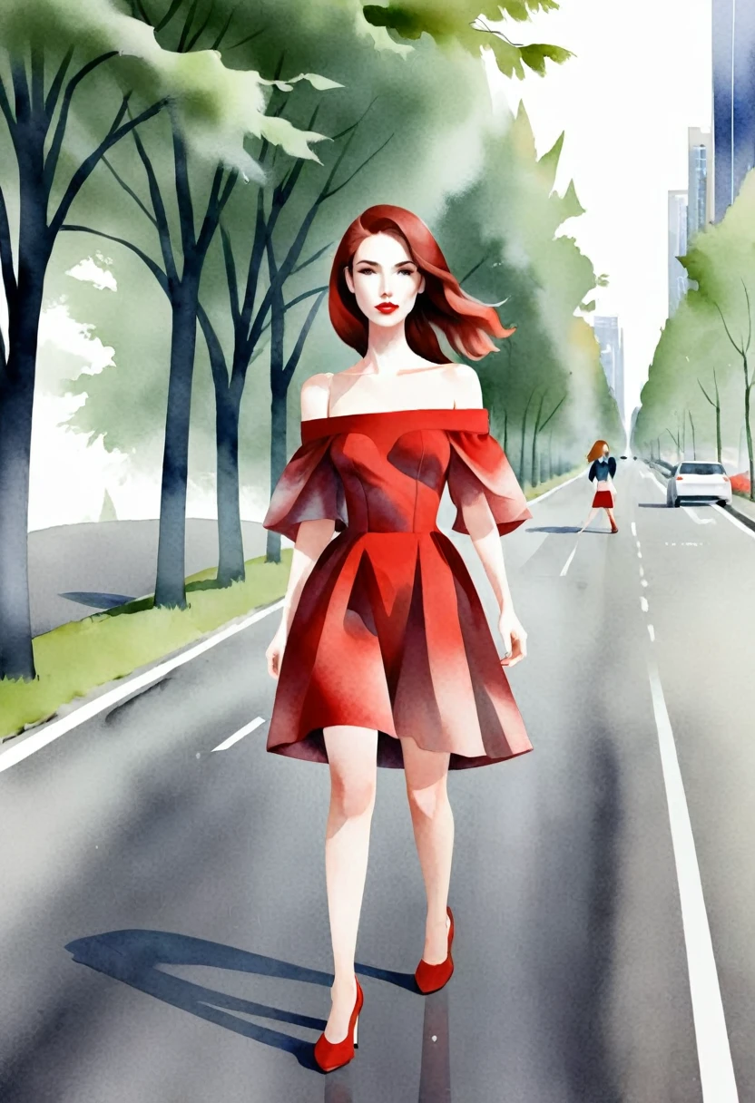 Watercolor illustration of a fair-skinned woman, wearing a short red dress with wide shoulders and off-the-shoulder sleeves, walking on a gray asphalt road. Ao fundo, a blurred image of trees or buildings.