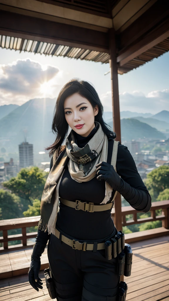 (masterpiece, best quality:1.2), mara (call of duty), 1girl, solo, black hair, gloves, scarf, tattoo, military, breasts, holster, pants, load bearing vest, umbrella, cloud, sky, sunlight, light rays, architecture, outdoors, sunbeam, cloudy sky, east asian architecture, day, blurry, scenery, torii
