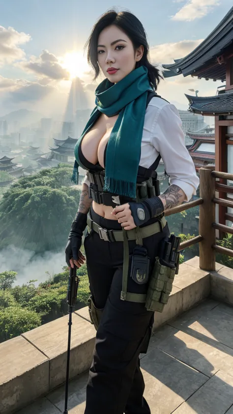 (masterpiece, best quality:1.2), mara (call of duty), 1girl, solo, black hair, gloves, scarf, tattoo, military, breasts, holster...