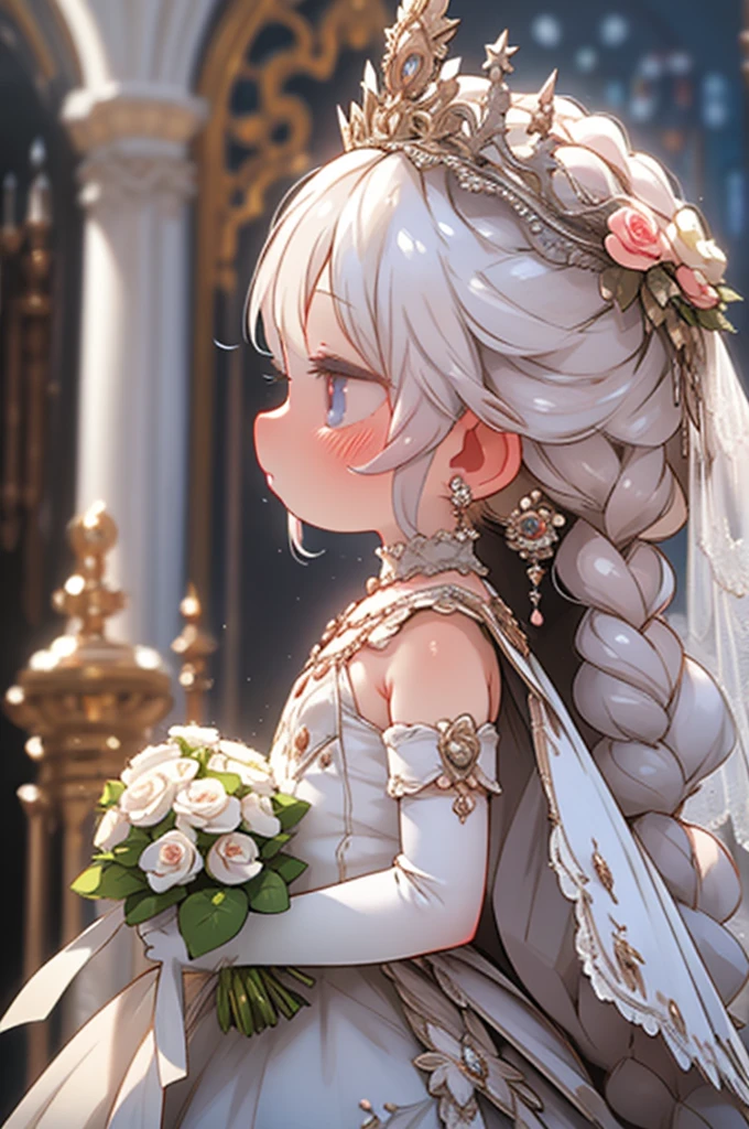 一人の女の子, イヤリング, ベール, ジュエリー, 一人で, wedding ドレス, 花束,  ドレス, bridal ベール, 花, elbow 手袋, white ドレス,  手袋, 胸, 花嫁, 上半身, 横から, プロフィール, white 手袋, 薔薇, medium 胸, 口を閉じた, hoop イヤリング, white 花, holding 花束