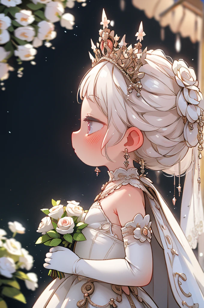 One Girl, Earrings, Veil, jewelry, alone, wedding dress, flower束,  dress, bridal Veil, flower, elbow gloves, white dress,  gloves, chest, flower嫁, Upper Body, From the side, profile, white gloves, Rose, medium chest, Mouth closed, hoop Earrings, white flower, holding flower束