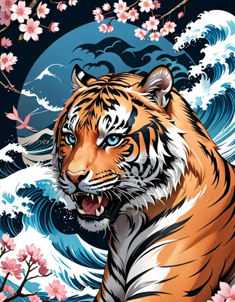 Traditional Japanese tattoo design, realistic tattoo art of Orange tiger with (((Blue eyes))) with pink sakura petal effect ,he ...