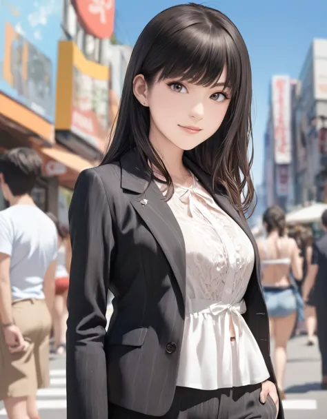 (best quality:1.2), 1girl, shinjuku, summer, blouse, suit pants, cowboy shot, shoot from front