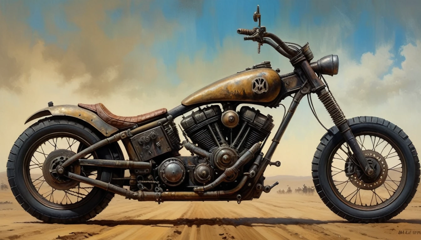 Vélo punk post-apocalyptique Mad Max, tableau de maître dans le style de Gerald Brom, huile sur toile