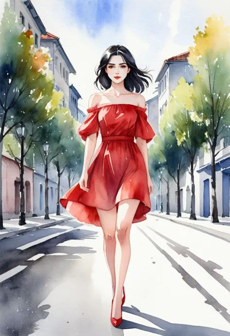 watercolor illustration of a fair-skinned russian woman,anime styling, wearing a short red dress with wide shoulders and off-the...