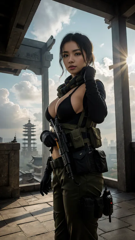 (masterpiece, best quality:1.2), mara (call of duty), 1girl, solo, black hair, gloves, scarf, tattoo, military, breasts, holster...