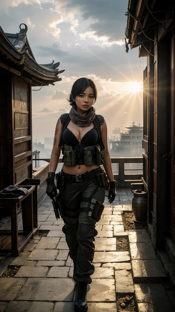 (masterpiece, best quality:1.2), mara (call of duty), 1girl, solo, black hair, gloves, scarf, tattoo, military, breasts, holster, pants, load bearing vest, umbrella, cloud, sky, sunlight, light rays, architecture, outdoors, sunbeam, cloudy sky, east asian architecture, day, blurry, scenery, indian
