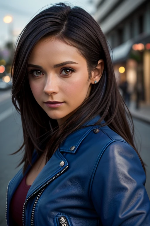 Best quality, realistic, from the front in first person, Nina Dobrev on the street of Los Angeles, (a female mexican Supermodel), (sexy blue leather jacket:1.1), split, seductive smile, (dark hair), (hairstyle:1.0), Perfect eyes, sharp parts, Detailed face, face-makeup, cheeks turn red, Eyeliner, eyeshadow, Lip gloss, Supermodel, (deep focus), (hard lighting), (night time), (realistic lighting:1.0)