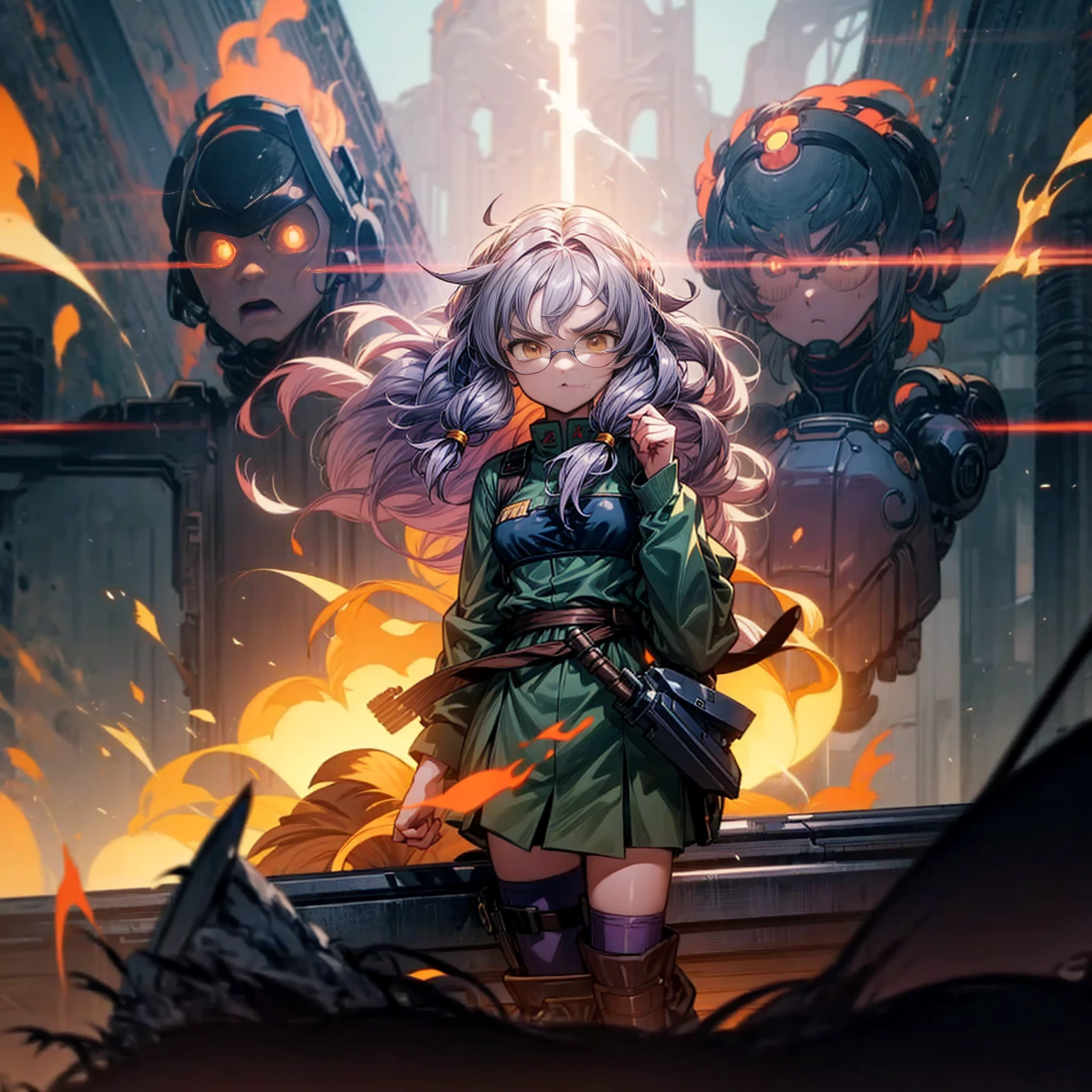 1tall girl, 1character, gold eyes, long Curly haircut, lavender color hair, army style clothing, white glasses, Long socks, boots army, Grassroots, background in top of the building, motion blur, (dragon ball style art), Big robot gun in hand, smoke effect, aura effect, Fire, lighting fire, plasma effect, fire city, (half body view version, angry , standing gesture)