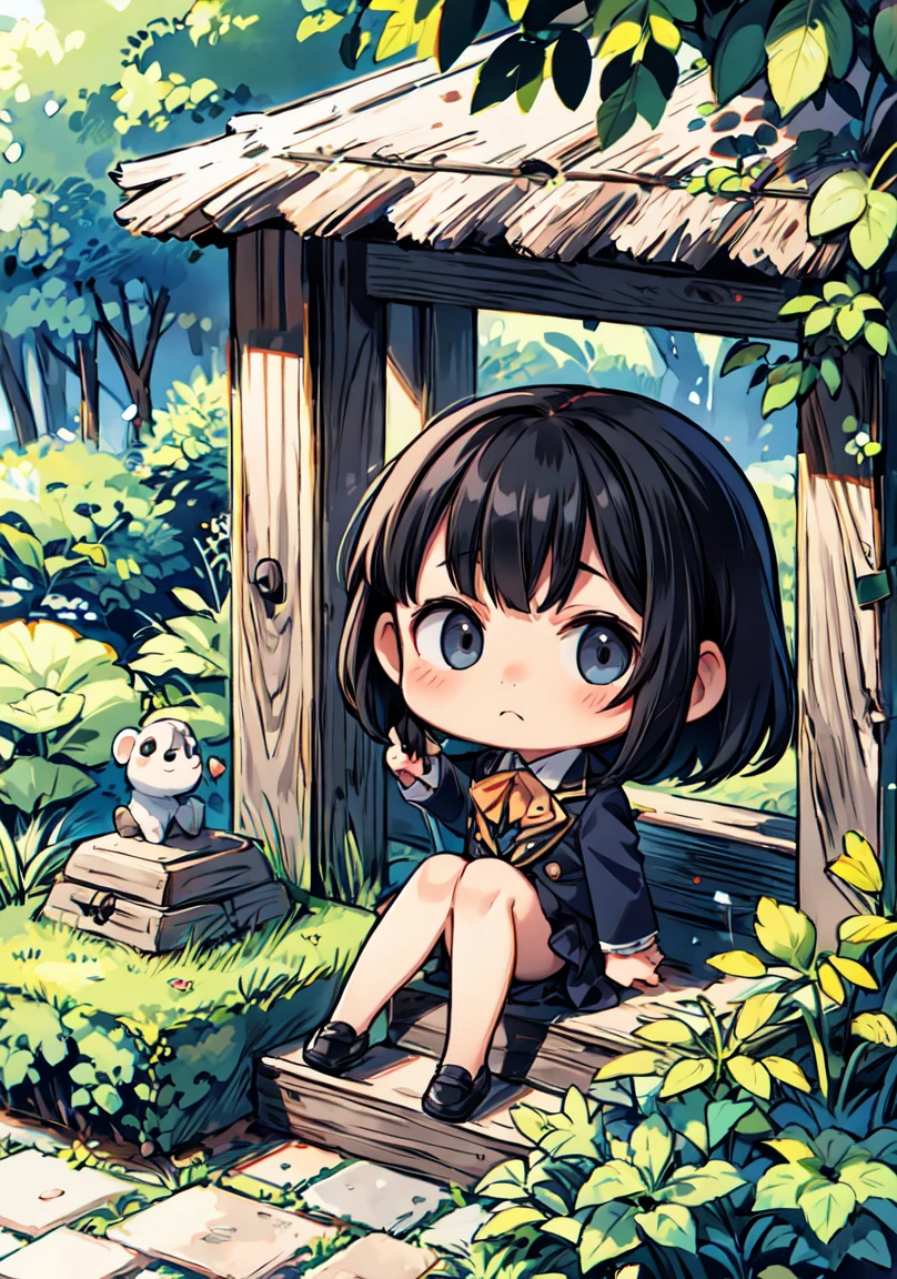 (looking at viewer),(solo),((child:1.1)),((chibi:1.1)),masterpiece,highest quality, (beautiful girl:1.1),ultra high resolution,Blazer ,1 girl, Japanese:1.2,(black hair:1.2),dull bangs,short hair,squat,black_footwear,Detailed panties trimmed with white ruffled lace,skirt ,(spread legs:1.2),blush, (panic:1.2), outdoor, garden, on the stairs, nature,(arm behind head)