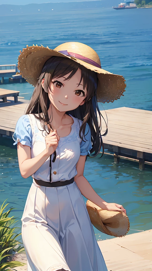 masterpiece, Highest quality, High resolution, Very detailed,(((Alice Tachibana))), (((Private Server)))、(((Straw hat。)))、(((smile)))、(((Waterfront)))、White dress, evening