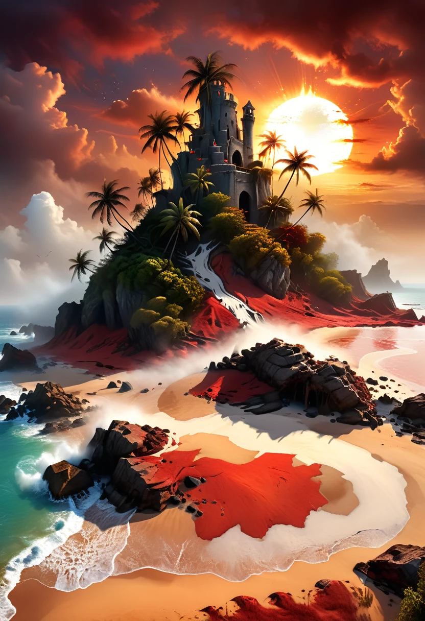 Arafed, an award winning digital painting, National Geographic digital painting of an (island: 1.3) of mystery, an island of enigma, an island of secrecy, there some palm trees, white and red sand, some mist surrounds the island, it is the time between the night an day, the sun is in the horizon and some stars are still in the sky, the ruins of ancient tower are visible, veins crawling on it, dynamic angle, Ultra-high resolution, High Contrast, (masterpiece:1.5), highest quality, Best aesthetics), 16K fantasy art, best details, best quality, highres, ultra wide angle, 16k, [ultra detailed], masterpiece, best quality, (extremely detailed), ladyshadowת digital painting, dark fantasy