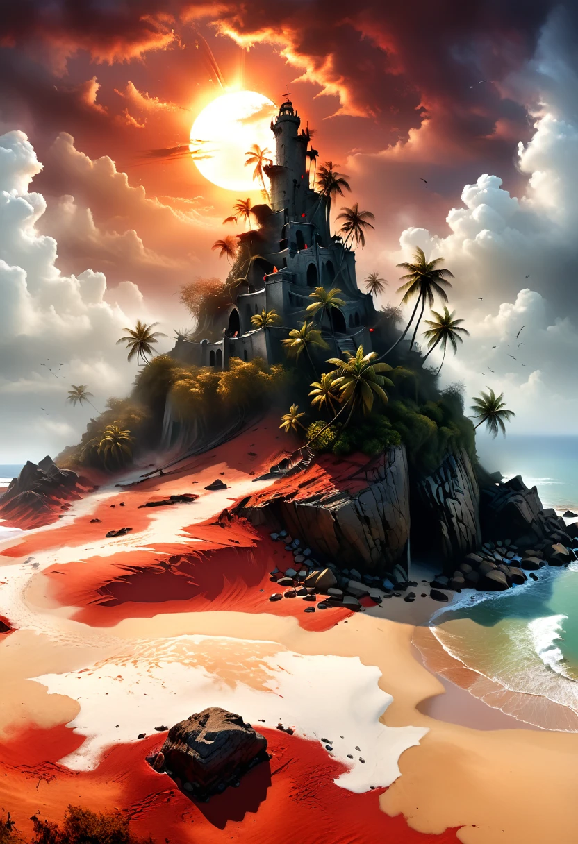 Arafed, an award winning digital painting, National Geographic digital painting of an (island: 1.3) of mystery, an island of enigma, an island of secrecy, there some palm trees, white and red sand, some mist surrounds the island, it is the time between the night an day, the sun is in the horizon and some stars are still in the sky, the ruins of ancient tower are visible, veins crawling on it, dynamic angle, Ultra-high resolution, High Contrast, (masterpiece:1.5), highest quality, Best aesthetics), 16K fantasy art, best details, best quality, highres, ultra wide angle, 16k, [ultra detailed], masterpiece, best quality, (extremely detailed), ladyshadowת digital painting, dark fantasy