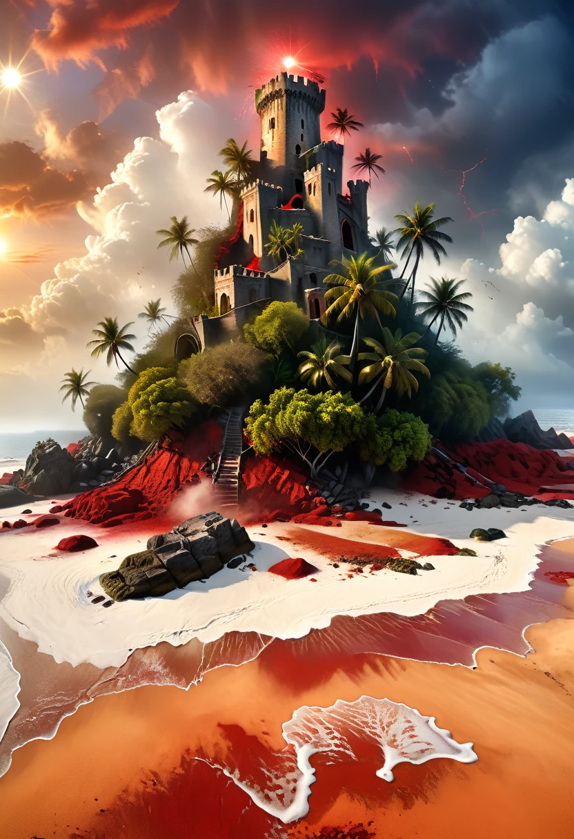 Arafed, an award winning digital painting, National Geographic digital painting of an (island: 1.3) of mystery, an island of enigma, an island of secrecy, there some palm trees, white and red sand, some mist surrounds the island, it is the time between the night an day, the sun is in the horizon and some stars are still in the sky, the ruins of ancient tower are visible, veins crawling on it, dynamic angle, Ultra-high resolution, High Contrast, (masterpiece:1.5), highest quality, Best aesthetics), 16K fantasy art, best details, best quality, highres, ultra wide angle, 16k, [ultra detailed], masterpiece, best quality, (extremely detailed), ladyshadowת digital painting, dark fantasy