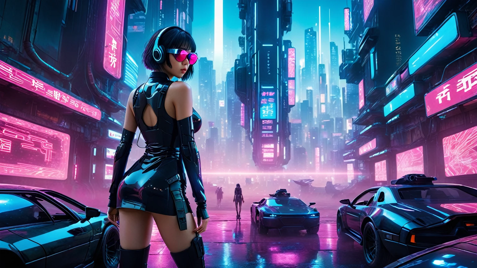 aerial view, dark night, A vast cyberpunk landscape set in Korea with ((flying cars)) and neon lights, in shades of pink, blue and red, (Matrix style cascading code), in the style of Blade Runner and Ghost In The Shell. (((((1girl, solo, alone))))), large-breast:1.2 slim body, cleavage:1.1, sexy miniskirt, ((((headphone, black sunglasses, standing and holding pistol pose)))), (((half-body thigh level medium shot))), cinematic lighting, lens flare, ray tracing.