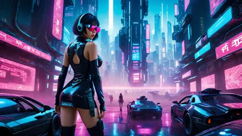 aerial view, dark night, A vast cyberpunk landscape set in Korea with ((flying cars)) and neon lights, in shades of pink, blue a...