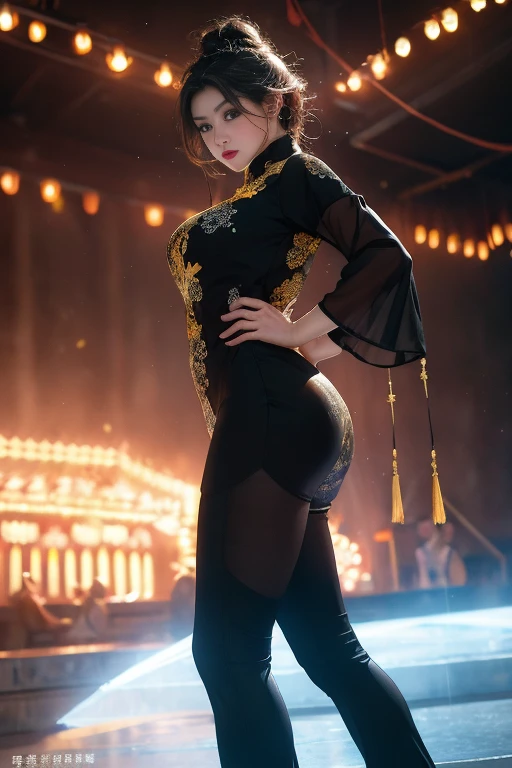 realisticlying, A high resolution, 1 rapariga, yellow+black color hair, korean people, eBlue eyes, The transparent cheongsam is flying，Sheer tight-fitting garments，Beads of sweat dripped down the buttocks，Large chest，Wide buttock， your ass，Butt visible，Visible on the back，buttocks visible，Ass pouted，wide wide shot，Cinema lenses，The skin glows，space ship，