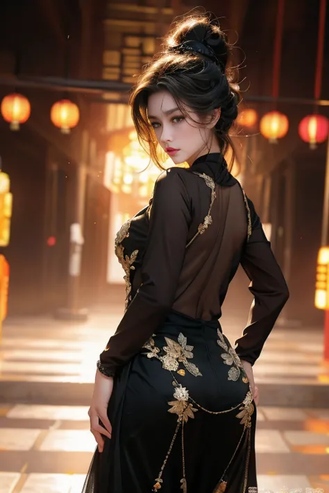 realisticlying, a high resolution, 1 rapariga, yellow+black color hair, korean people, eblue eyes, the transparent cheongsam is ...