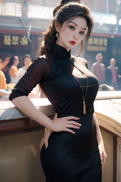 realisticlying, A high resolution, 1 rapariga, yellow+black color hair, korean people, eBlue eyes, The transparent cheongsam is flying，Sheer tight-fitting garments，Beads of sweat dripped down the buttocks，Large chest，Wide buttock， your ass，Butt visible，Visible on the back，buttocks visible，Ass pouted，wide wide shot，Cinema lenses，The skin glows，space ship，