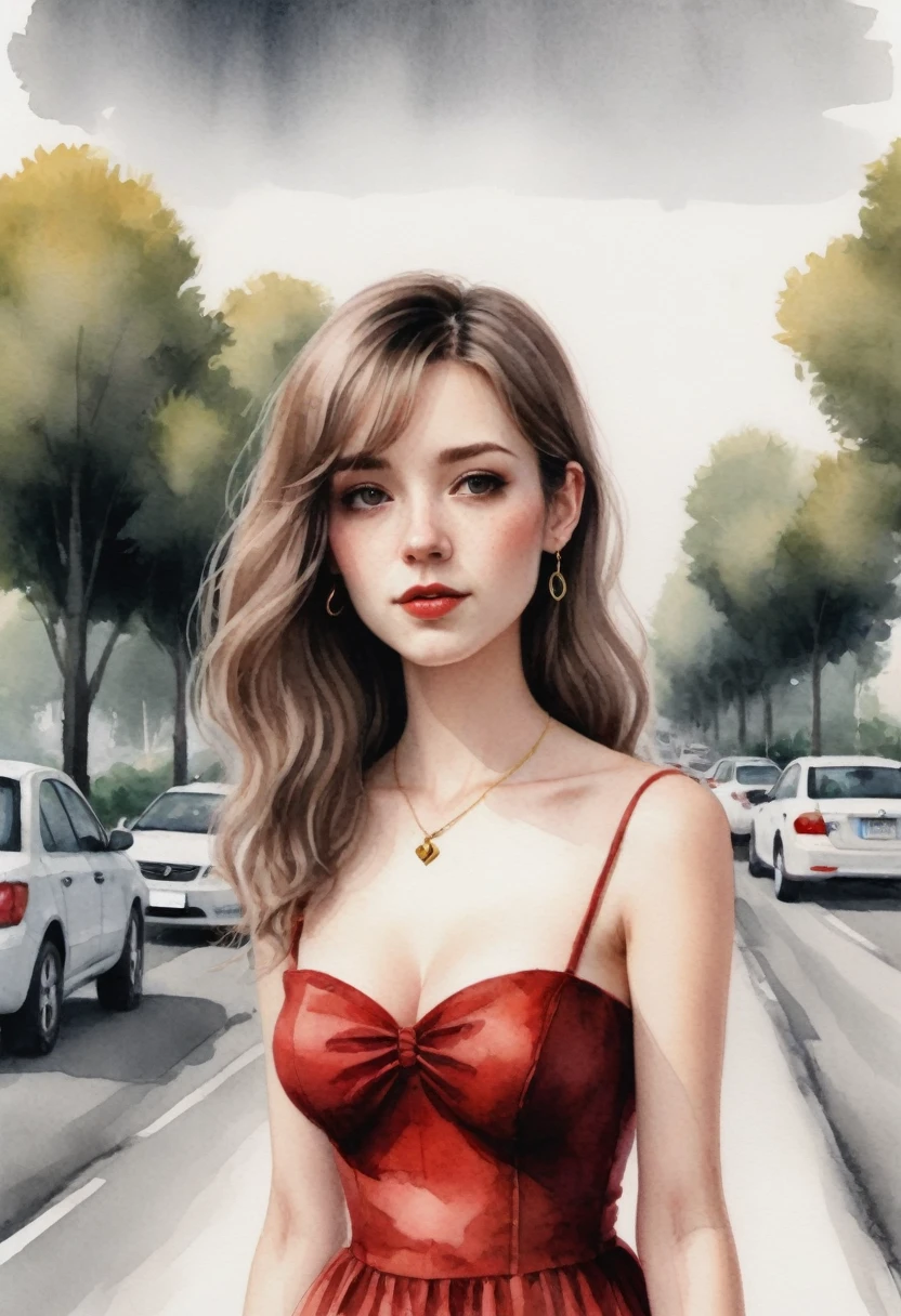 In a watercolor illustration,anime, at eye level, a fair-skinned woman with long brown hair and a red dress with broad shoulders walks towards the viewer along a gray asphalt road. She is dressed in a short, off-the-shoulder dress with ruffles at the bottom and off-the-shoulder sleeves. Her hair is styled in curls that cascade down to her shoulders. Her lips are a deep red and she wears a gold necklace with a small pendant. Her eyes are closed and her mouth is open. The dress is fitted at the waist with a slim fit and has a ruffled bottom that cascades down to the knees. the road she is walking on is gray asphalt and has a curb that curves around her. The background is blurred, but it appears to be a blurred image of a tree or building.