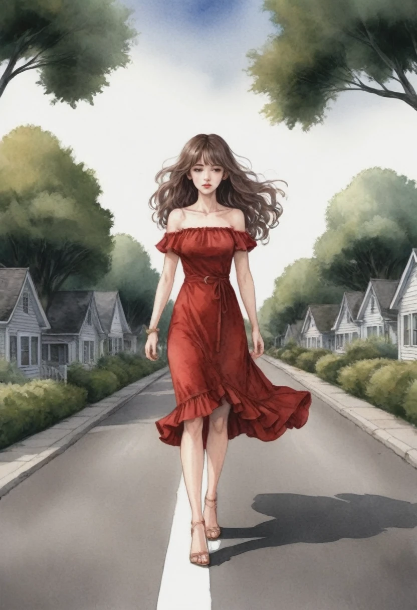 In a watercolor illustration,anime, at eye level, a fair-skinned woman with long brown hair and a red dress with broad shoulders walks towards the viewer along a gray asphalt road. She is dressed in a short, off-the-shoulder dress with ruffles at the bottom and off-the-shoulder sleeves. Her hair is styled in curls that cascade down to her shoulders. Her lips are a deep red and she wears a gold necklace with a small pendant. Her eyes are closed and her mouth is open. The dress is fitted at the waist with a slim fit and has a ruffled bottom that cascades down to the knees. the road she is walking on is gray asphalt and has a curb that curves around her. The background is blurred, but it appears to be a blurred image of a tree or building.