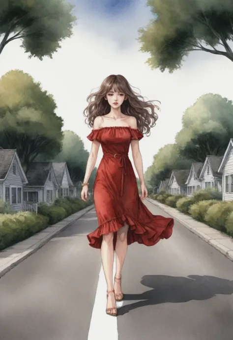 in a watercolor illustration,anime, at eye level, a fair-skinned woman with long brown hair and a red dress with broad shoulders...