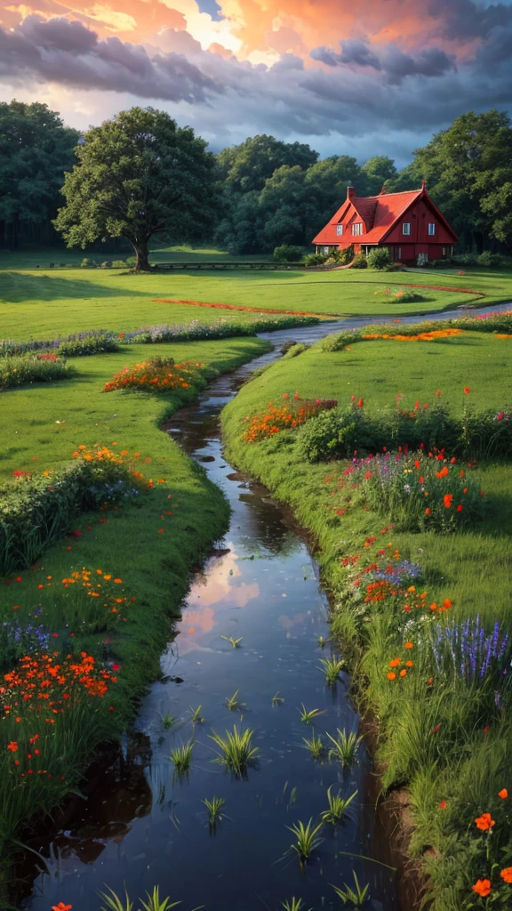 Create a peaceful rural landscape in the summer drizzle. A cozy cottage with a red roof sits on a large, lush green trees. The sky is full of drama, The rolling clouds are bright orange and, sunlight shining through, Contrasting with the dark blue rain clouds. an arrow, The winding path leads to the cottage, Surrounded by bright red and orange wildflowers, and lush green grass. The small puddles formed by rain on the roadside provide a tranquil and beautiful atmosphere., A fusion of nature and tranquility, Painted with highly saturated colors，To enhance the vividness and charm of the scenery