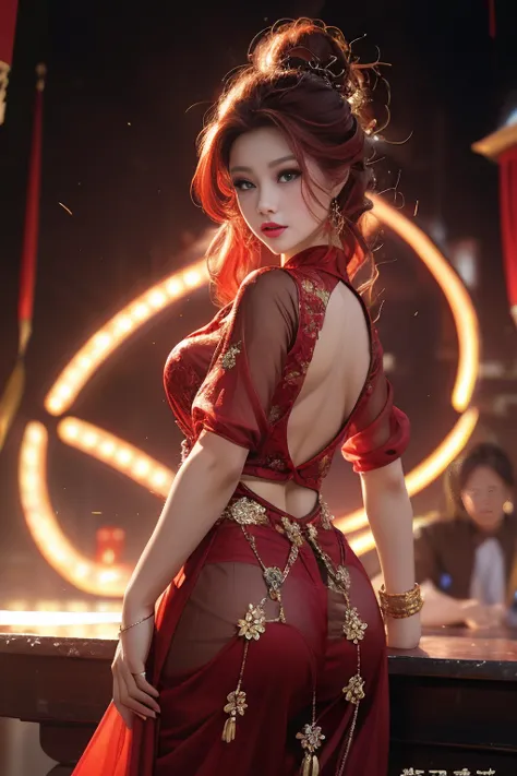 realisticlying, a high resolution, 1 rapariga, red ♥️🍒 color hair, korean people, eblue eyes, the transparent cheongsam is flyin...